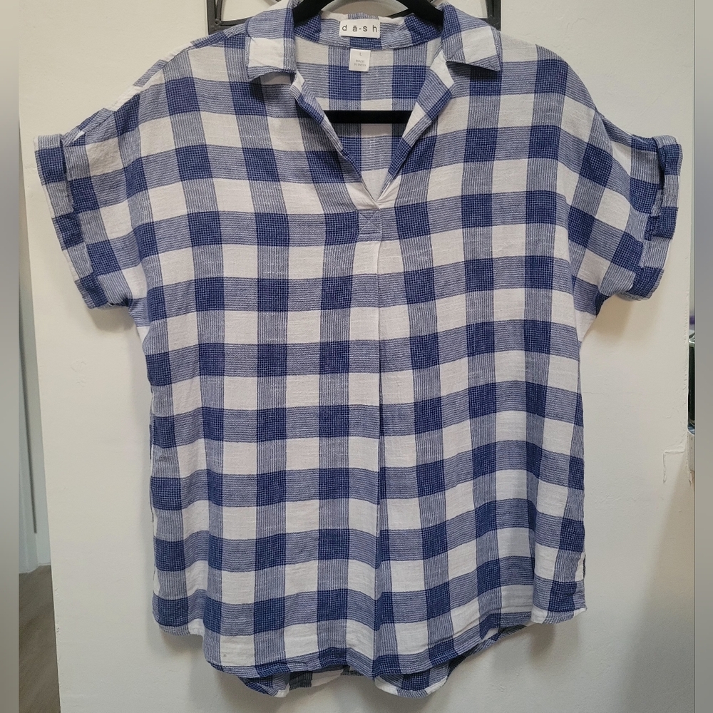 DA-SH Women's V Neck Blue White Gingham 100% Cotton Size L Cottagecore Retro